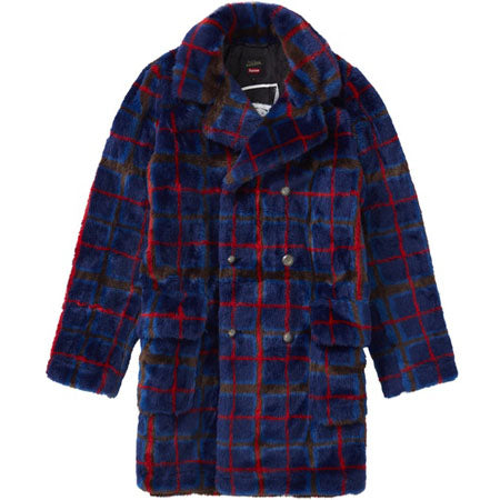 Supreme Jean Paul Gaultier Double Breasted Plaid Faux Fur Coat- Blue